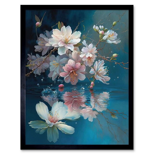 "Artery8 Wall Art Print Cherry Blossom Branch Dancing Over Water Modern Watercolour Painting Art Framed in Black - Size: W12"" x H16""" - image 1