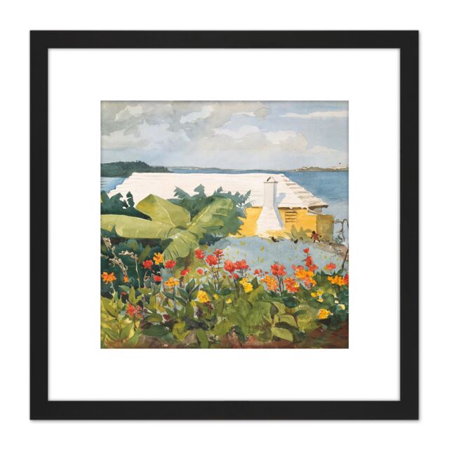 Artery8 Homer Flower Garden Bungalow Bermuda Painting 8X8 Inch Square Wooden Framed Wall Art Print Picture with Mount in Black - image 1