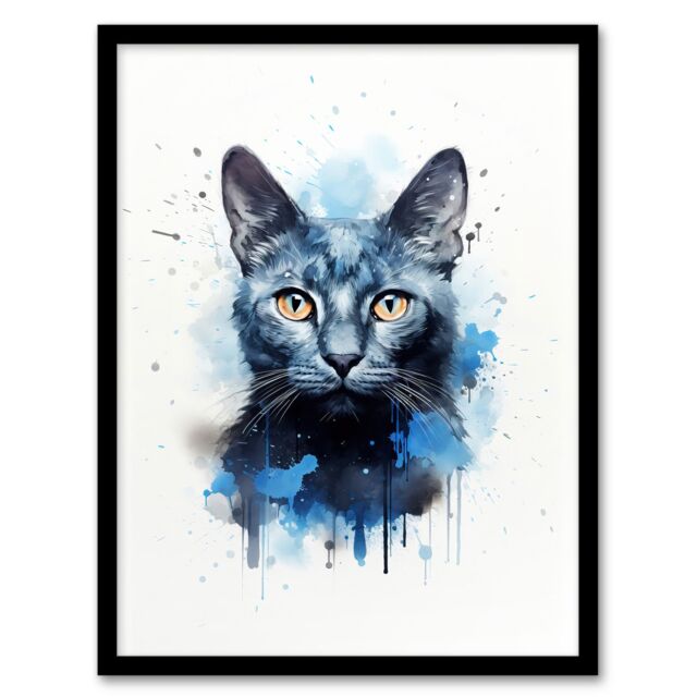 "Artery8 Wall Art Print Russian Blue Cat Lovers Gift Watercolour Pet Portrait Painting Artwork Art Framed - Size: W12"" x H16""" - image 1