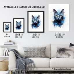 "Artery8 Wall Art Print Russian Blue Cat Lovers Gift Watercolour Pet Portrait Painting Artwork Art Framed - Size: W12"" x H16""" - thumbnail 3