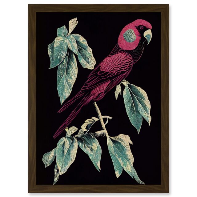 Artery8 Burgundy Parakeet Retro Modern Vintage Tropical Jungle Artwork Framed Wall Art Print A4 in Brown - image 1