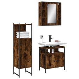 Berkfield Home 3 Piece Bathroom Cabinet Set Smoked Oak Engineered Wood in Brown - thumbnail 1