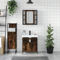 Berkfield Home 3 Piece Bathroom Cabinet Set Smoked Oak Engineered Wood in Brown - thumbnail 3