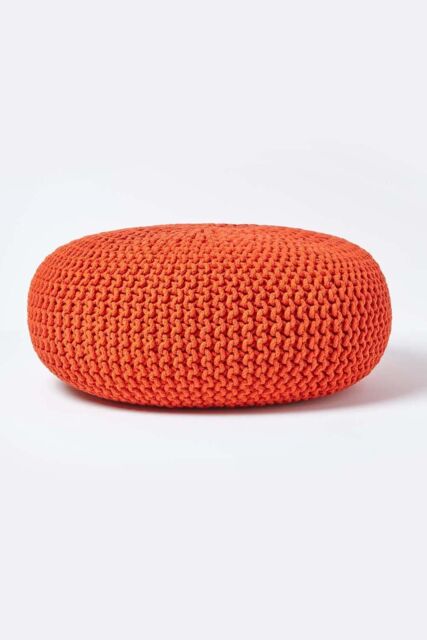 Homescapes Large Round Cotton Knitted Pouffe Footstool in Burnt Orange - image 1