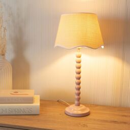 ValueLights Bobbins Painted Rose Table Lamp with Linen Scallop White Trim Shade in Pale Pink