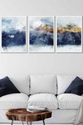 ARTZE Abstract Navy Blue & Yellow Mountains Framed Wall Art - Large in White - Size: W53 cm x H73 cm x D20mm - thumbnail 1