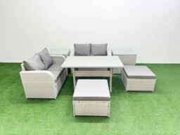 Fimous 6 Seater Outdoor Love Sofa Set Rattan Garden Furniture Set with Rectangular Dining Table 2 Footstool 2 Side Tables Light Grey - thumbnail 2