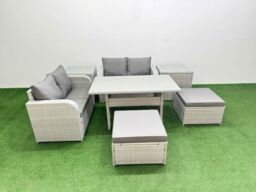 Fimous 6 Seater Outdoor Love Sofa Set Rattan Garden Furniture Set with Rectangular Dining Table 2 Footstool 2 Side Tables Light Grey - thumbnail 1