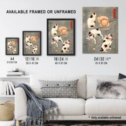 "Artery8 Four Cats in Different Poses Kuniyoshi Framed Wall Art Print in Grey - Size: W12"" x H16""" - thumbnail 3