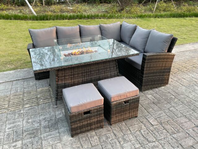 Fimous High Back Rattan Sets Gas Fire Pit Dining Table Set Heater Sofa Footstools 8 Seater in Dark Grey - image 1