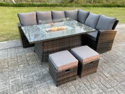 Fimous High Back Rattan Sets Gas Fire Pit Dining Table Set Heater Sofa Footstools 8 Seater in Dark Grey - thumbnail 3
