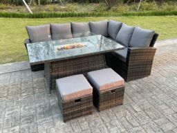Fimous High Back Rattan Sets Gas Fire Pit Dining Table Set Heater Sofa Footstools 8 Seater in Dark Grey - thumbnail 1