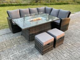 Fimous High Back Rattan Sets Gas Fire Pit Dining Table Set Heater Sofa Footstools 8 Seater in Dark Grey - thumbnail 4