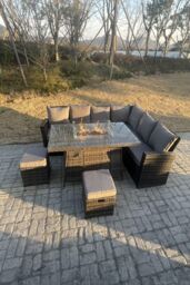 Fimous High Back Rattan Sets Gas Fire Pit Dining Table Set Heater Sofa Footstools 8 Seater in Dark Grey - thumbnail 5