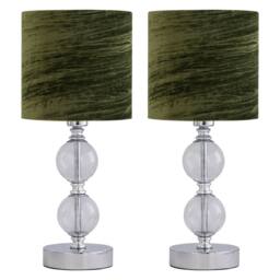 First Choice Lighting Set of 2 Chrome Two Ball Table Lamp with Green Crushed Velvet Shades in Silver