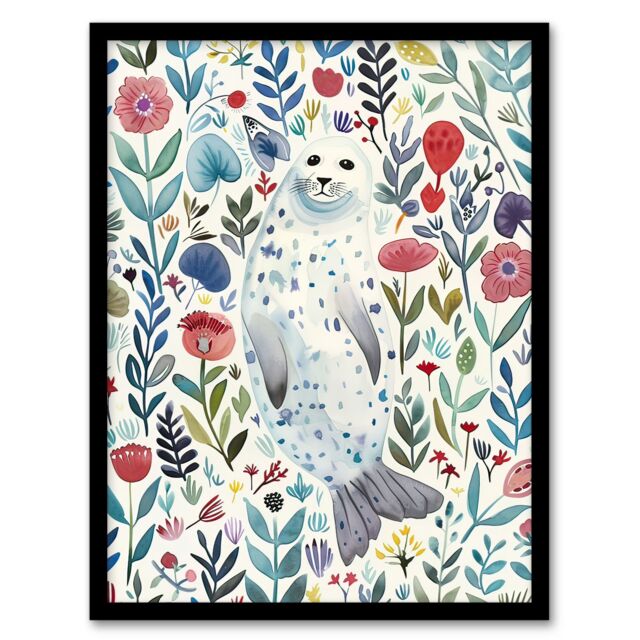 Artery8 Cute Seal Swimming in Wildflowers Bright Floral Framed Wall Art - Size: A4 - image 1