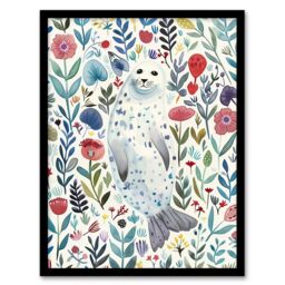 Artery8 Cute Seal Swimming in Wildflowers Bright Floral Framed Wall Art - Size: A4 - thumbnail 1