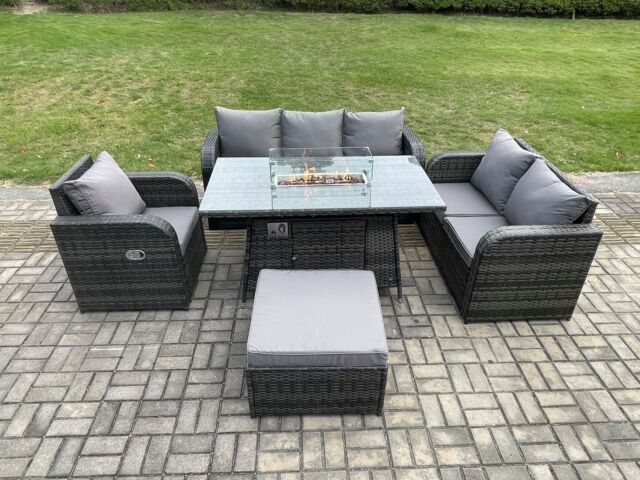 Fimous Rattan Garden Furniture Set with Fire Pit Table 7 Seater Outdoor Lounge Sofa Set Dark Grey Mixed - image 1