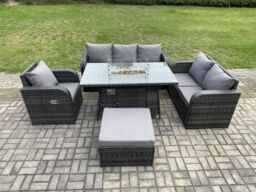 Fimous Rattan Garden Furniture Set with Fire Pit Table 7 Seater Outdoor Lounge Sofa Set Dark Grey Mixed - thumbnail 1