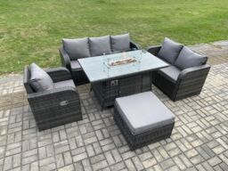 Fimous Rattan Garden Furniture Set with Fire Pit Table 7 Seater Outdoor Lounge Sofa Set Dark Grey Mixed - thumbnail 3