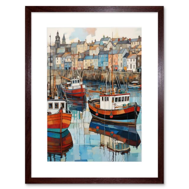 Artery8 Wall Art Print Newlyn Harbour Trawler Boats Promenade Watercolour Painting Cornwall Coastal Townscape Artwork Framed 9X7 Inch - image 1
