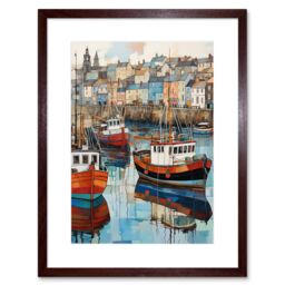 Artery8 Wall Art Print Newlyn Harbour Trawler Boats Promenade Watercolour Painting Cornwall Coastal Townscape Artwork Framed 9X7 Inch - thumbnail 1