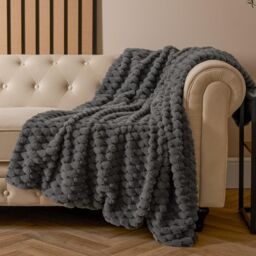 OHS Waffle Throw Over Bed Blanket Faux Fur Soft Warm Fleece - 125 x 150cm in Charcoal - Size: 125 x 150 cm - thumbnail 1