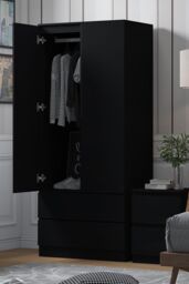 FWStyle Stora 2 Door 2 Drawer Wardrobe Black (H) 180.5 (W) 80 (D) 50cm - thumbnail 2
