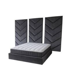 Stratus Interiors Optimus Velvet Bed Frame with Chevron Panel Headboard Set - Grey - Size: Super King