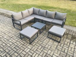 Fimous 8 Seater Outdoor Lounge Corner Sofa Set Aluminum Garden Furniture Sets with Square Coffee Table 2 Big Footstool Dark Grey - thumbnail 2