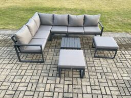 Fimous 8 Seater Outdoor Lounge Corner Sofa Set Aluminum Garden Furniture Sets with Square Coffee Table 2 Big Footstool Dark Grey - thumbnail 1