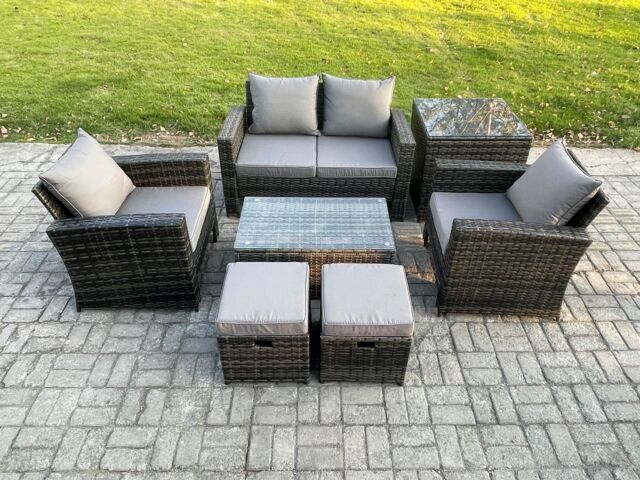 Fimous Outdoor Lounge Sofa Set Wicker PE Rattan Garden Furniture Set with Rectangular Coffee Table Double Seat Sofa Side Table in Dark Grey