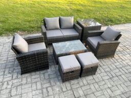 Fimous Outdoor Lounge Sofa Set Wicker PE Rattan Garden Furniture Set with Rectangular Coffee Table Double Seat Sofa Side Table in Dark Grey - thumbnail 2