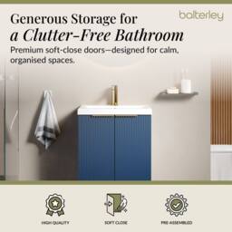 Balterley Fluted Front 2 Soft Close Door Vanity Basin Unit, Satin Blue, 500mm in Blue - thumbnail 3
