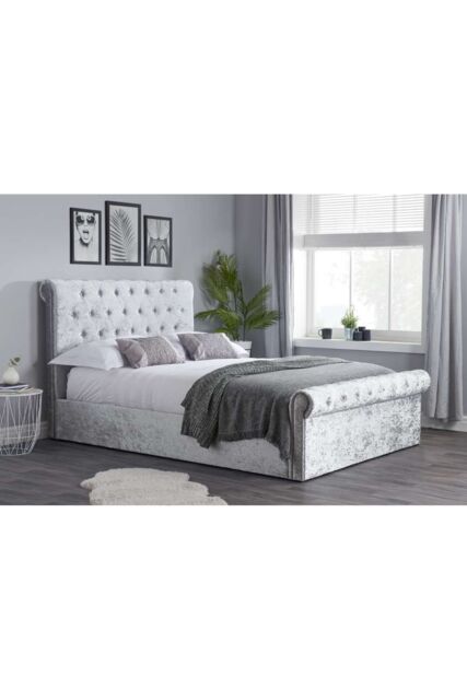 Birlea Grey Fabric Ottoman Bed Frame Storage Sienna Crushed Velvet in Metallic Silver - Size: Small Double - image 1