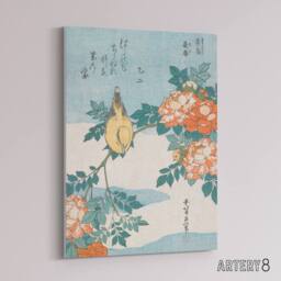 "Artery8 Bush Warbler & Roses Canvas Wall Art Print Katsushika Hokusai in Orange - Size: W18"" x H24""" - thumbnail 2
