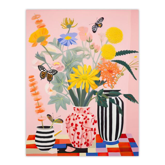 "Artery8 Wall Art Print Butterflies & Spring Wildflowers in Vases Bright Bouquets Art Poster - Size: W18"" x H24""" - image 1