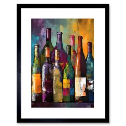 "Artery8 Wall Art Print White Rose & Red Glass Wine Bottles on Shelf Artwork Framed 9X7 Inch in Black - Size: W7"" x H9""" - thumbnail 1