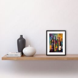 "Artery8 Wall Art Print White Rose & Red Glass Wine Bottles on Shelf Artwork Framed 9X7 Inch in Black - Size: W7"" x H9""" - thumbnail 2