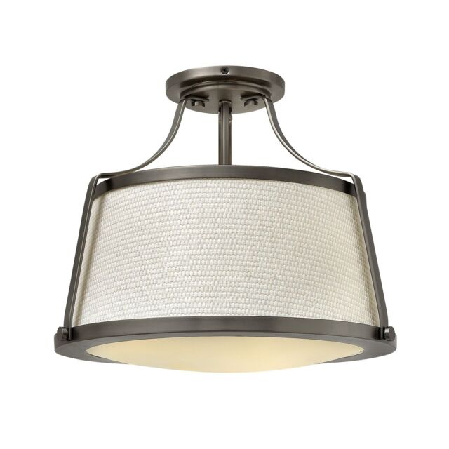 Loops 3 Bulb Semi Flush Light Off-White Fabric Shade Antique Nickel LED E27 75W in Metallics