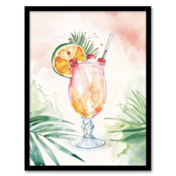 "Artery8 Tropical Mai Tai Cocktail Modern Watercolour Framed Art Print - Size: W12"" x H16""" - thumbnail 1