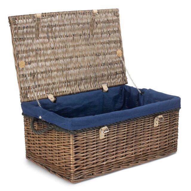 Red Hamper 62cm Antique Wash Picnic Basket Blue Cotton Lining - image 1