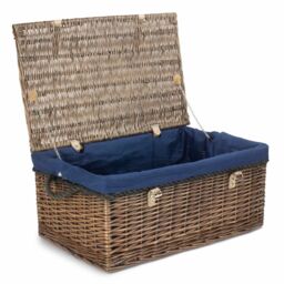 Red Hamper 62cm Antique Wash Picnic Basket Blue Cotton Lining
