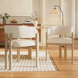 HomeTouch Beige Dining chairs with Armrests & Natural Wooden Legs Set of 2 - Size: 2 Pack - thumbnail 1