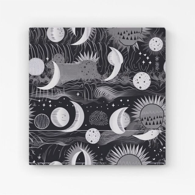 "Warren Reed - Designer Abstract Black White Moon & Sun Canvas in Grey - Size: W16"" x H16""" - image 1