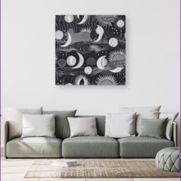 "Warren Reed - Designer Abstract Black White Moon & Sun Canvas in Grey - Size: W16"" x H16""" - thumbnail 4
