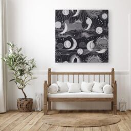 "Warren Reed - Designer Abstract Black White Moon & Sun Canvas in Grey - Size: W16"" x H16""" - thumbnail 3
