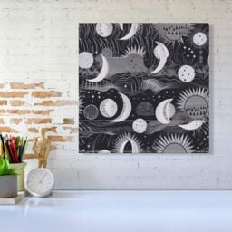 "Warren Reed - Designer Abstract Black White Moon & Sun Canvas in Grey - Size: W16"" x H16""" - thumbnail 2