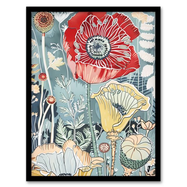 "Artery8 Stylised Poppy Flowers Pastel Colour Design Framed Art Print in Blue - Size: W12"" x H16""" - image 1