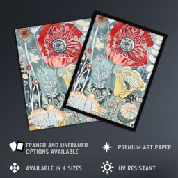 "Artery8 Stylised Poppy Flowers Pastel Colour Design Framed Art Print in Blue - Size: W12"" x H16""" - thumbnail 2